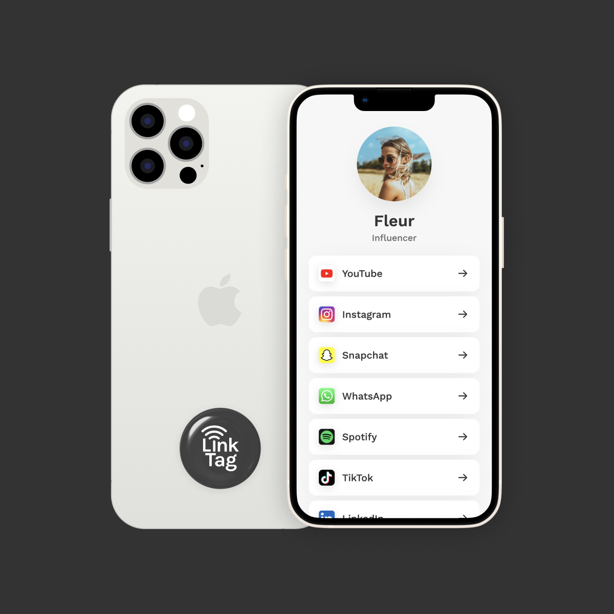 LinkTag Dark grey sticker on phone with dark gray background
